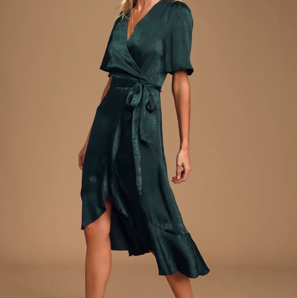Lulus Wrapped Up In Love Dark Green Satin Faux-Wrap Midi Dress Sz S - Picture 11 of 12